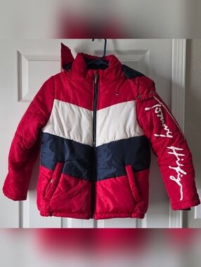 Tommy Hilfiger Red White Navy Colorblock Kids Puffer Jacket
